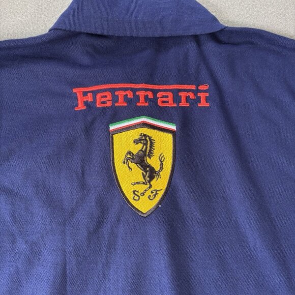 Vintage FERRARI Blue Polo Shirt Mens L Prancing Horse patches F-1 Chevron Shell - Picture 11 of 12